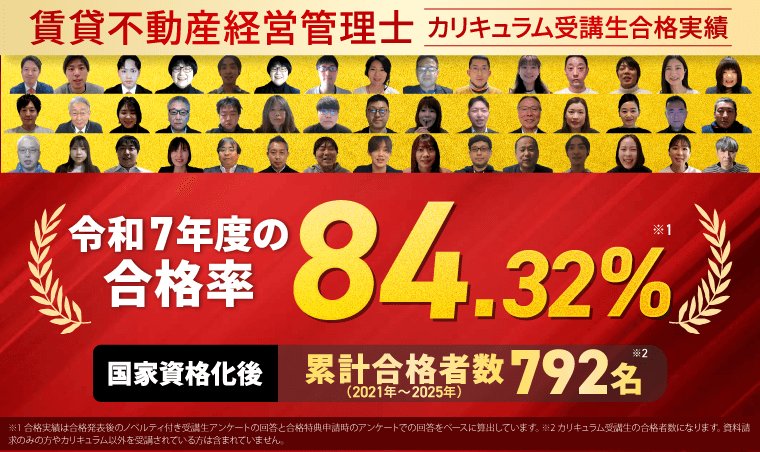 アガルート公式サイトの合格実績。令和7年度カリキュラム受講生の合格率84.32%、国家資格化後の累計合格者数792名(2021年〜2025年)