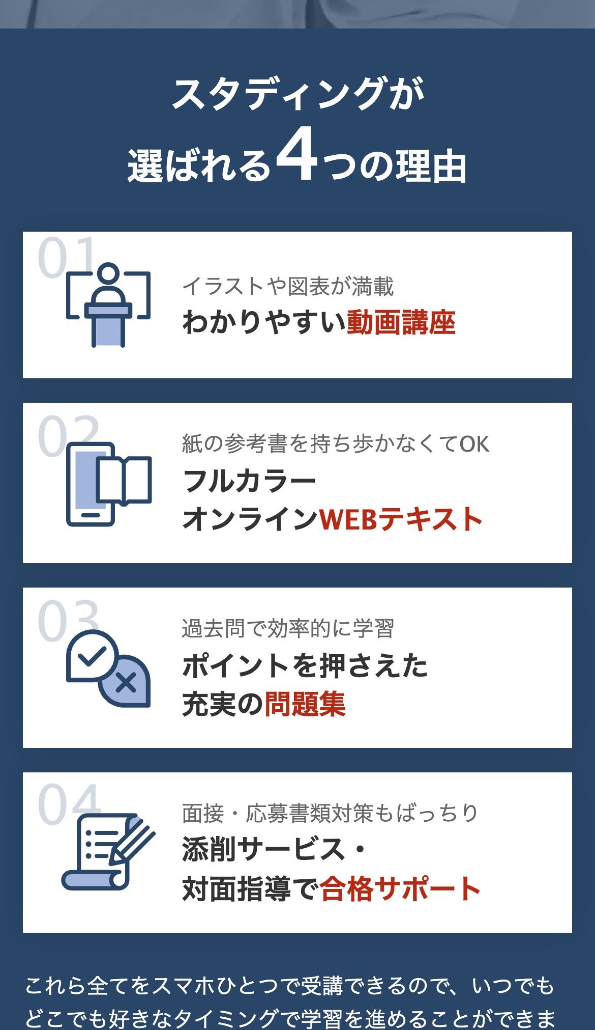 スタディングが選ばれる4つの理由。わかりやすい動画講座、フルカラーオンラインWEBテキスト、充実の問題集、添削サービス・対面指導で合格サポートと記載されている