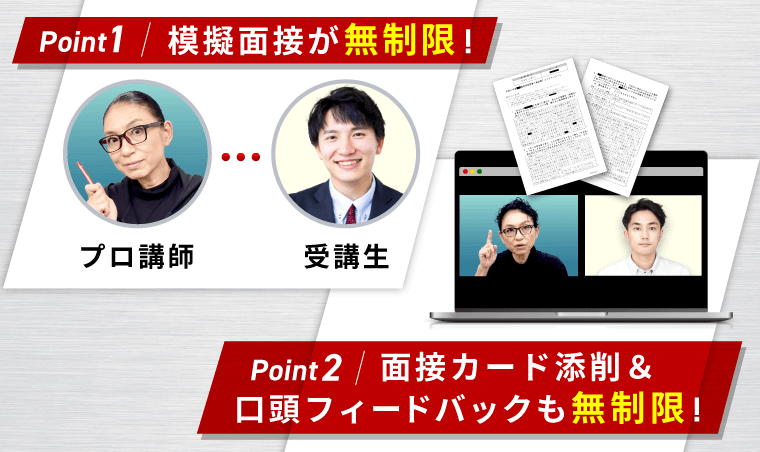 アガルート公式サイトの図解。Point1 模擬面接が無制限、Point2 面接カード添削と口頭フィードバックも無制限であることを示す